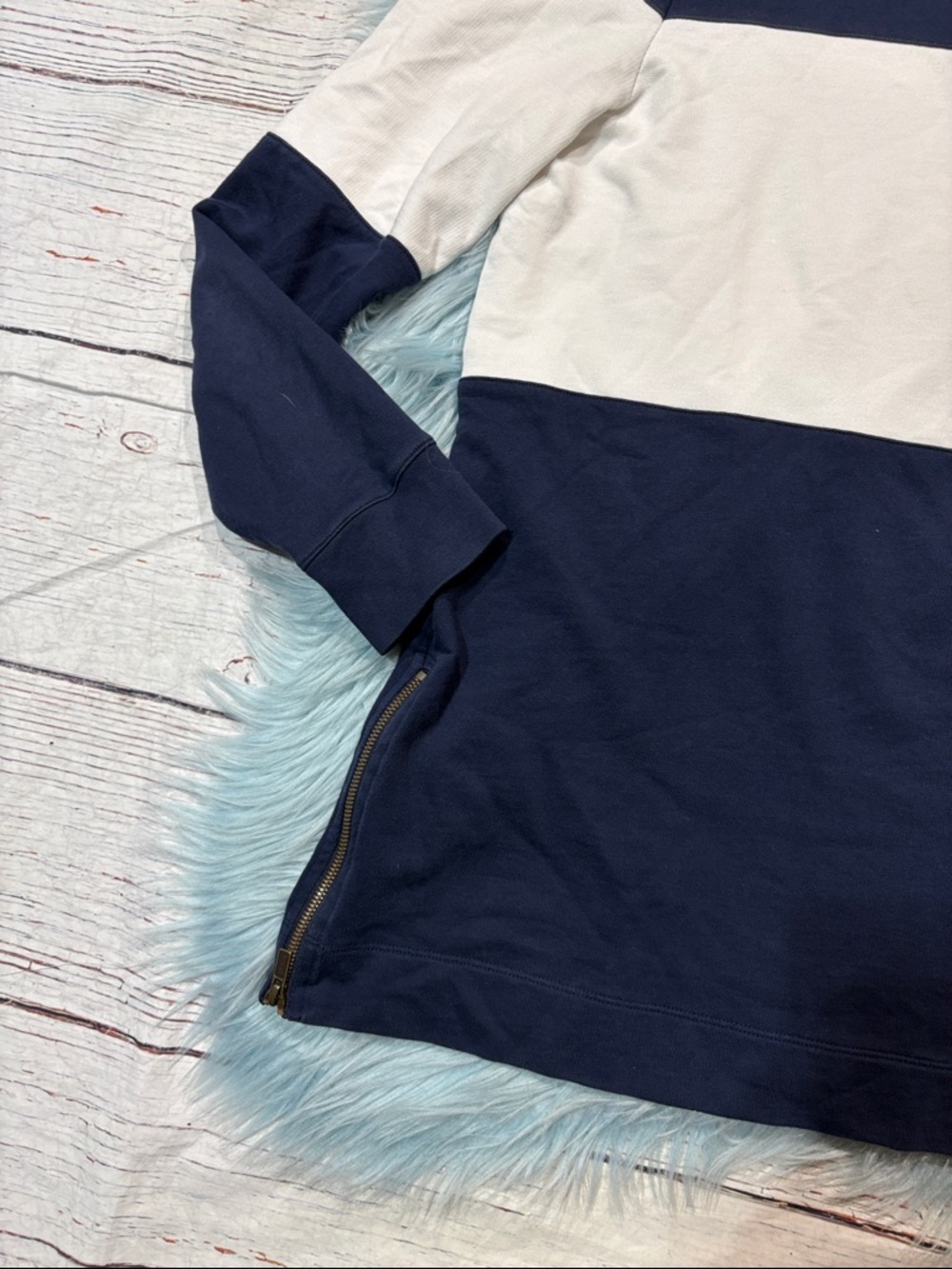 L.L. Bean Rugby Striped Navy Mockneck Side Zipper Tunic Lightweight Sweatshirt - Picture 3 of 10